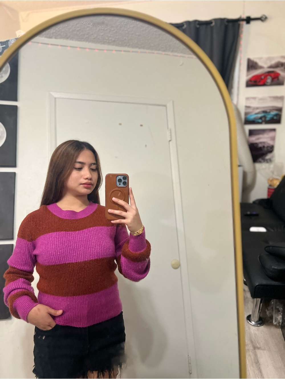 American Eagle Outfitters Pink and Brown Striped Crewneck Sweater